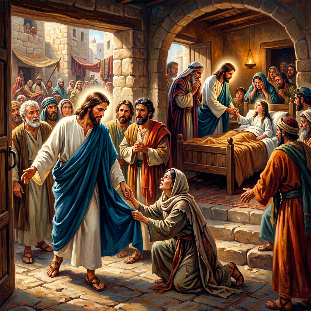 Jesus touching a young girl in bed while people watch in awe