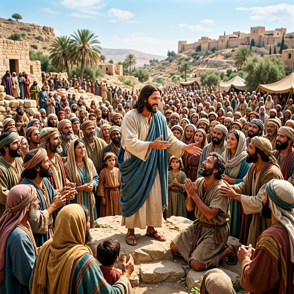 A man in ancient robes speaking and blessing a crowd of people gathered outdoors in a historic village