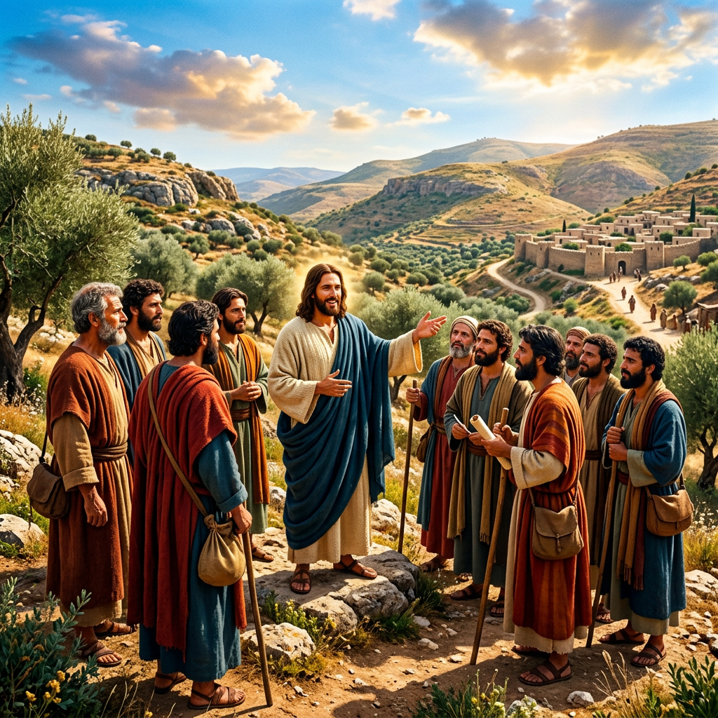 Jesus speaking to his twelve disciples outdoors near olive trees and rocky hills, with ancient village in background