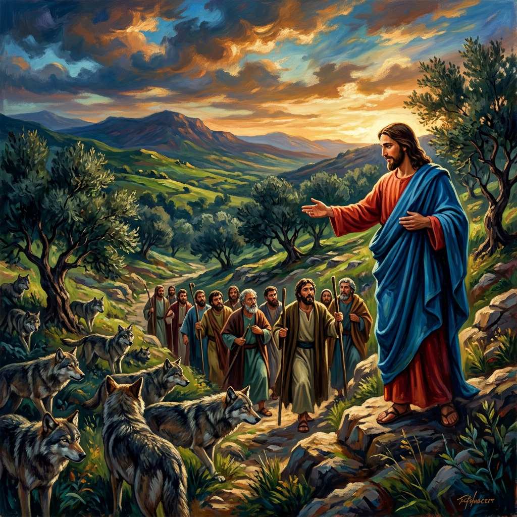 Jesus in blue and red robes gestures to apostles walking on a mountain path with wolves nearby under a colorful sky