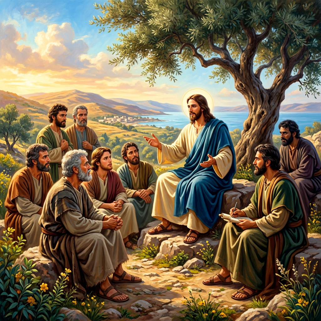 Jesus seated under a tree teaching a group of disciples near a coastline