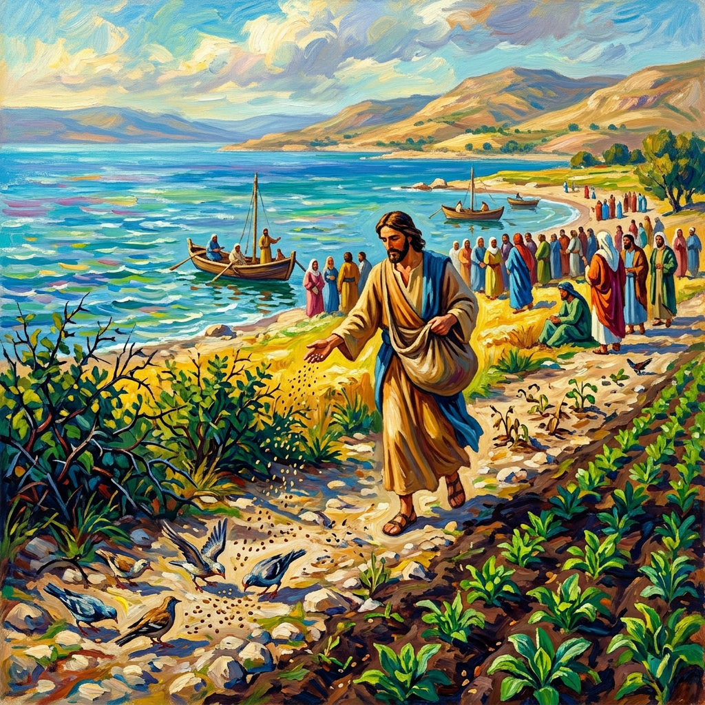Jesus sowing seeds along shoreline with birds eating seeds and followers nearby
