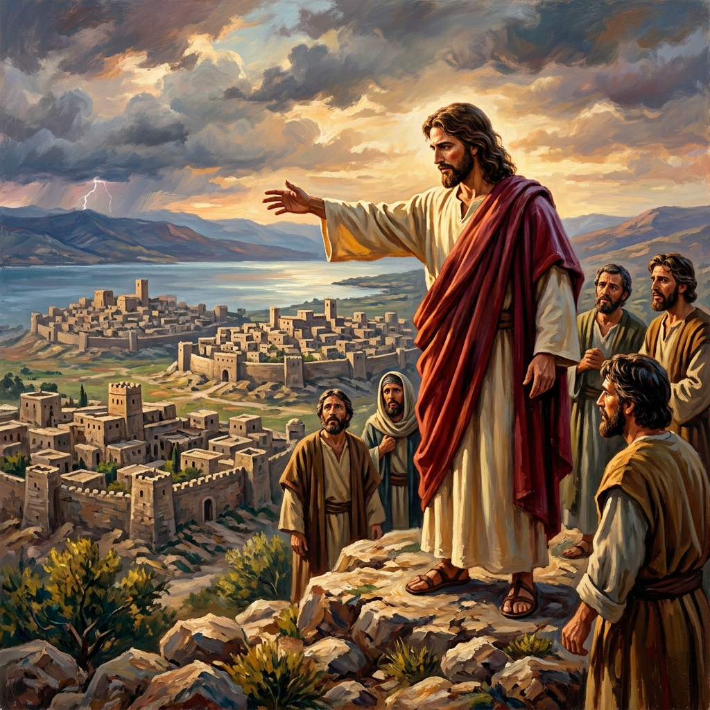 Jesus teaching disciples on a rocky hill overlooking an ancient fortified city and stormy sky with lightning