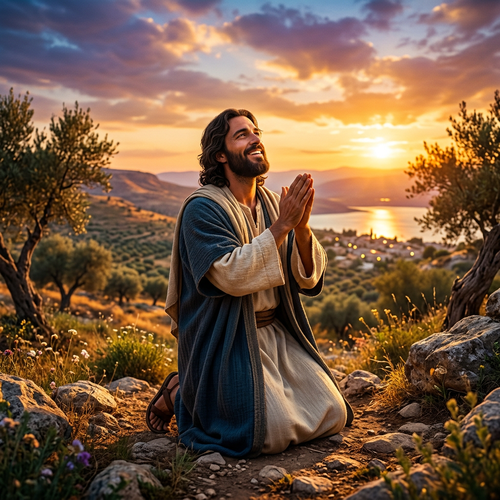 Man kneeling and praying outdoors with sunrise over hills and water